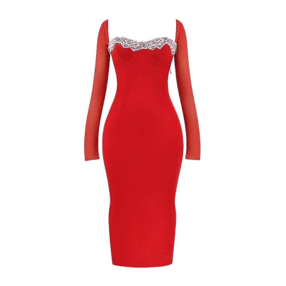 Red Kouvr dress with long sleeves and lace detailing on a white background