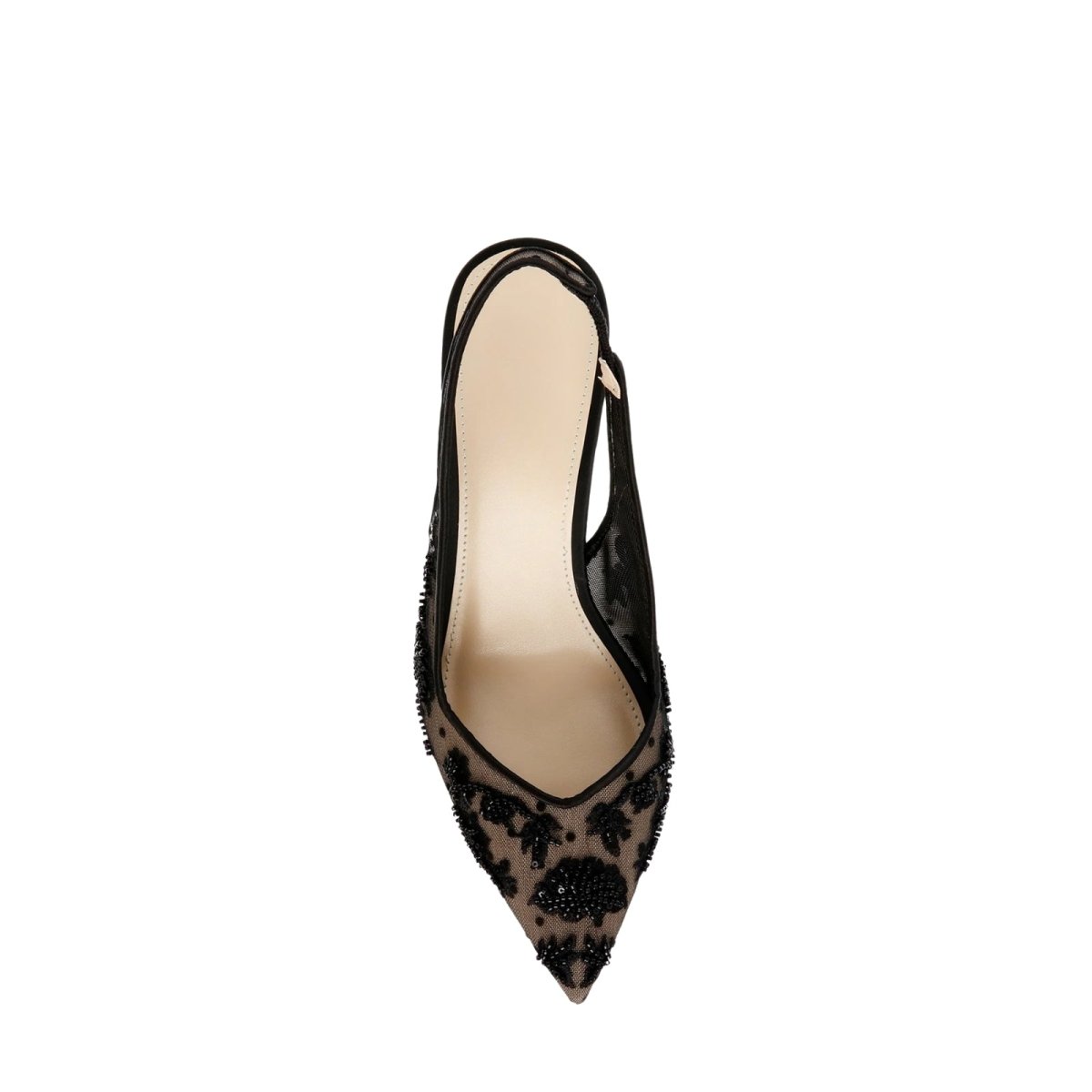 Black Kouvr high-heeled shoe with floral lace design on a white background
