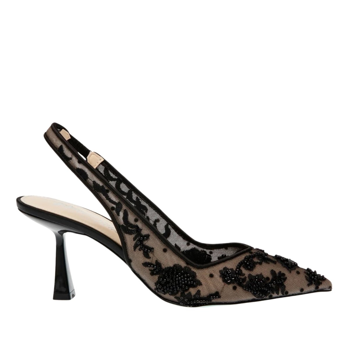 Black Kouvr lace high-heeled shoe with beige sole on a white background