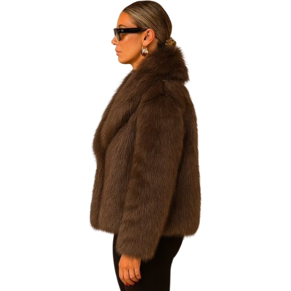 cruelty-free outerwear," "plush texture," "statement coat," "fall/winter essential," and "investment piece