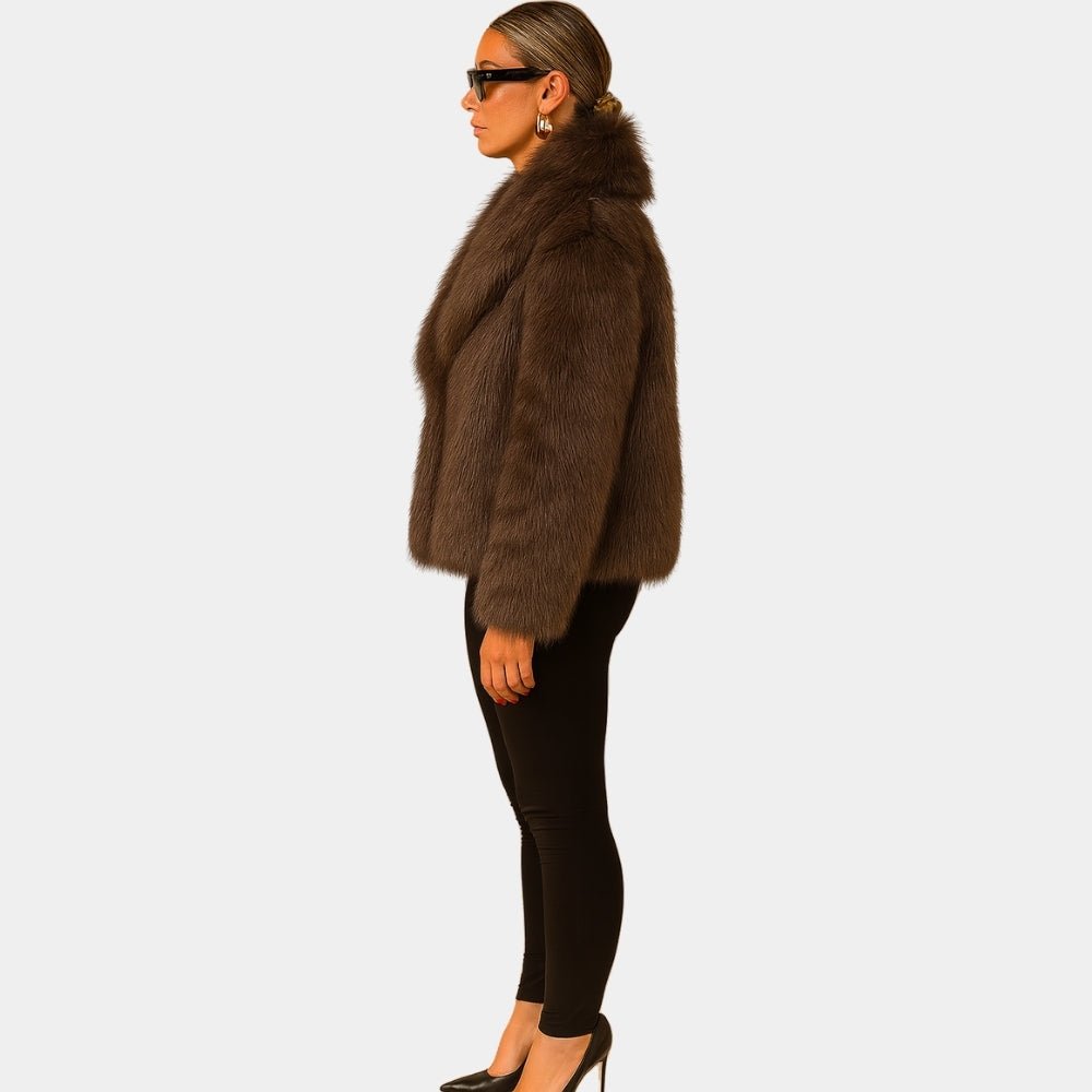 cruelty-free outerwear," "plush texture," "statement coat," "fall/winter essential," and "investment piece