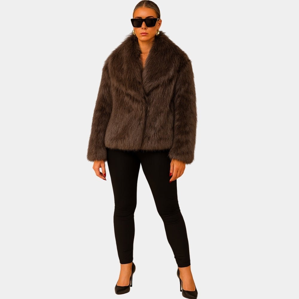 cruelty-free outerwear," "plush texture," "statement coat," "fall/winter essential," and "investment piece