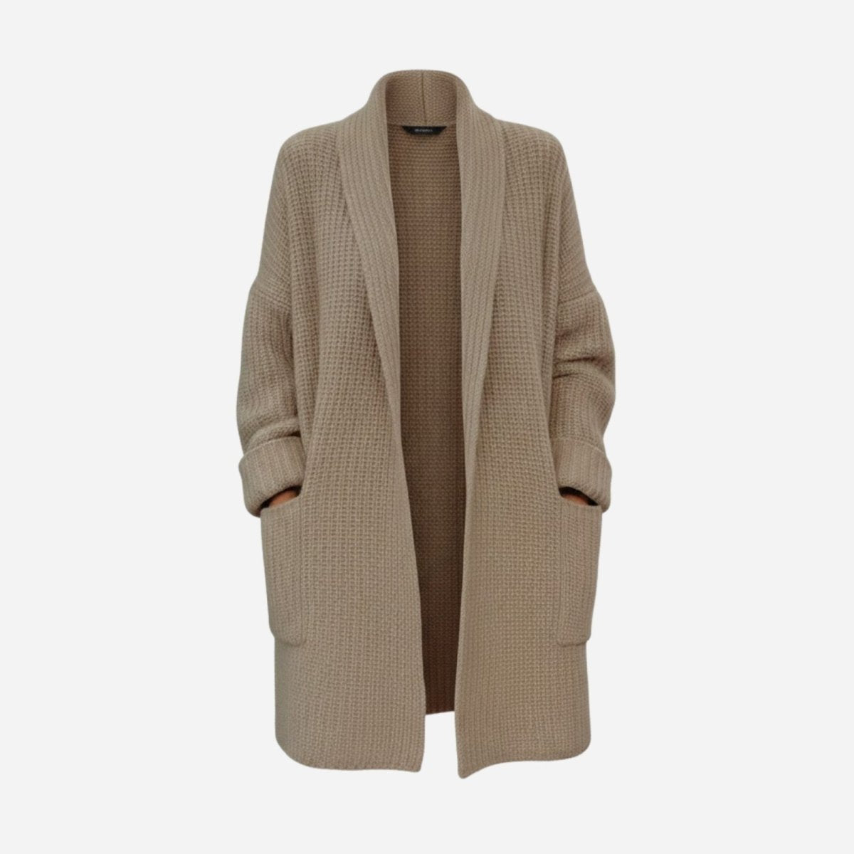 Front view of the Kouvr Fashion women's analyn collar long cardigan in a taupe waffle knit, displayed on a white background.
