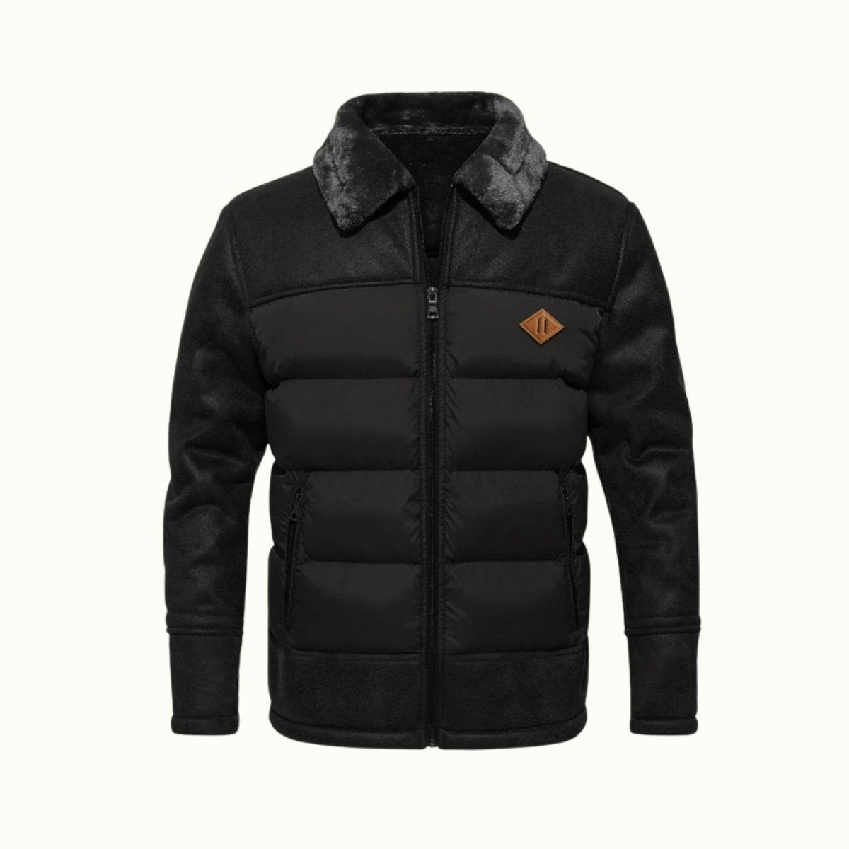 Black Kouvr jacket with gray fur collar on a white background