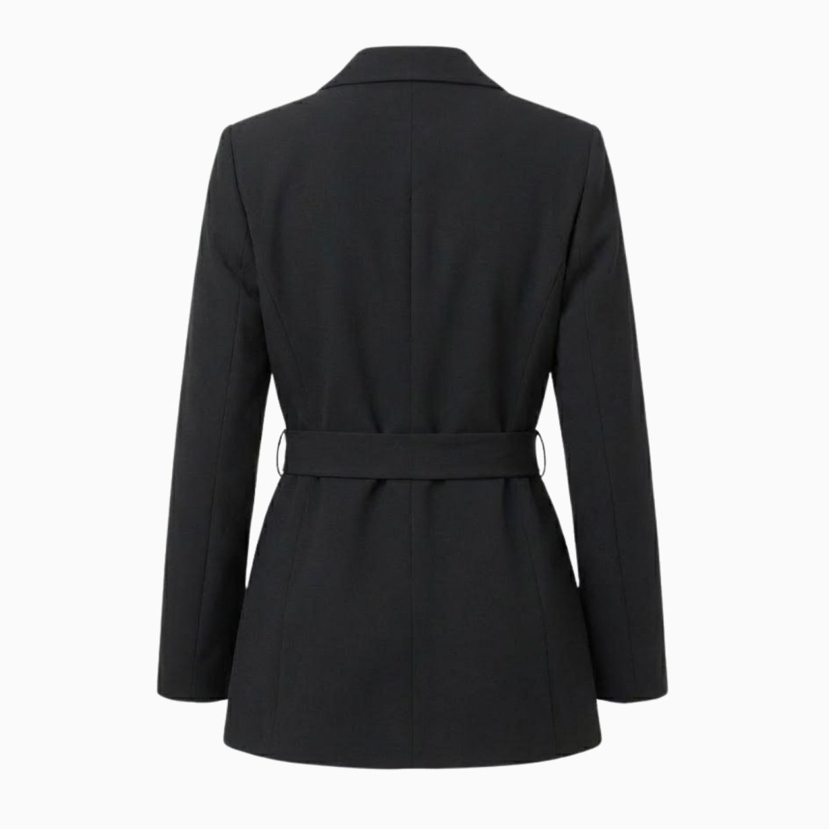 Flat lay of the back of the Kouvr Fashion Gemma black blazer showing the belt loops and tailored construction.