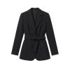 Flat lay of the Kouvr Fashion black double breasted blazer with the belt tied in a bow to showcase product details.