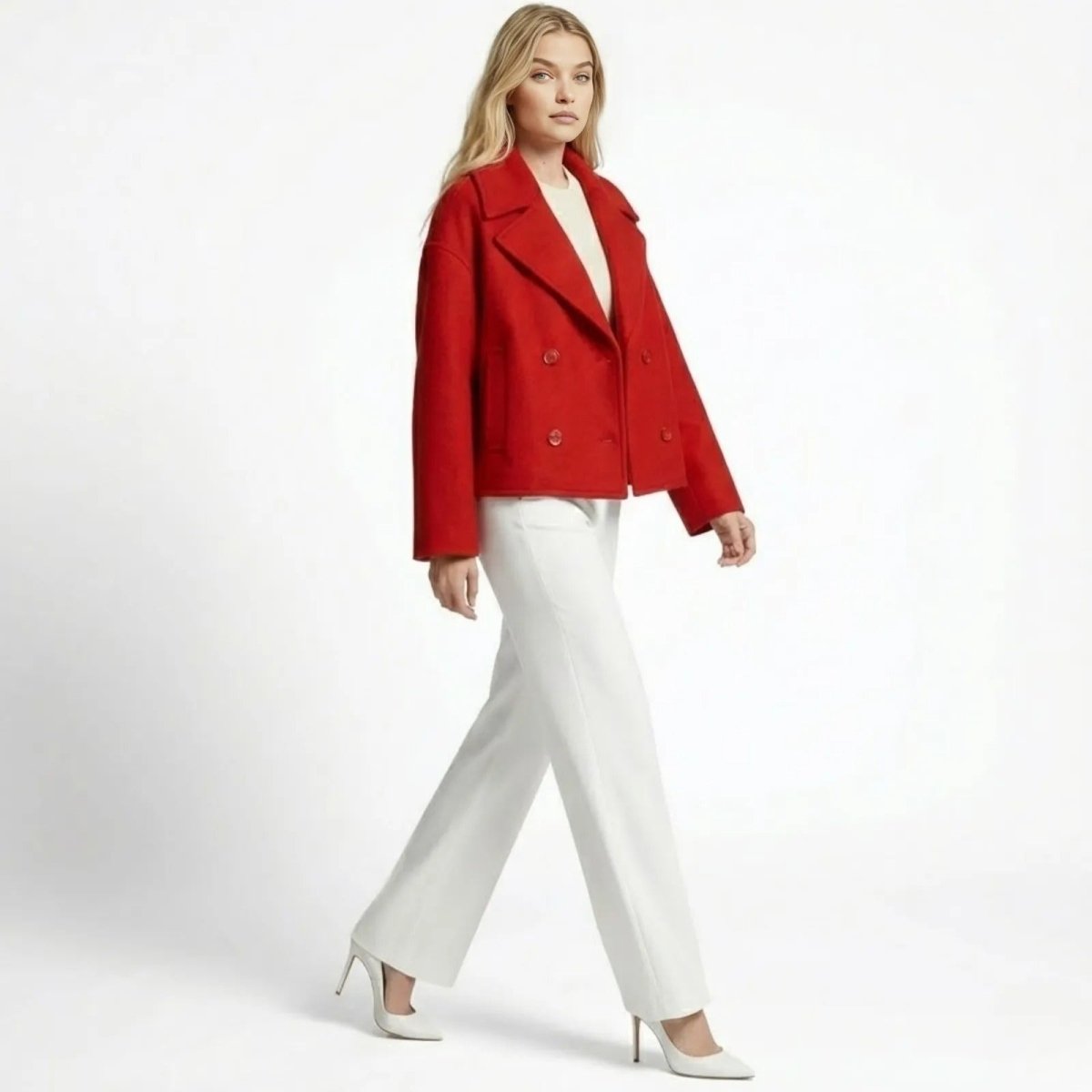 Side profile of a model walking in the Kouvr Fashion red wool cropped jacket, showing its boxy silhouette and sleeve length.