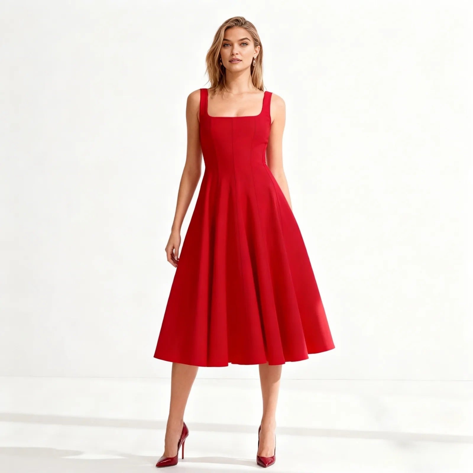 Woman wearing a red dress on a white background