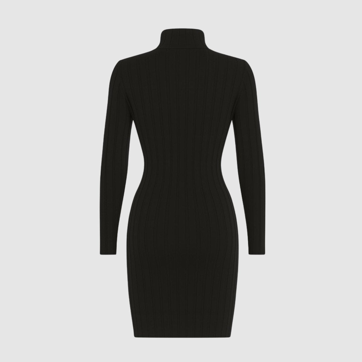 Kouvr Fashion black turtleneck bodycon dress, showing the seamless construction.