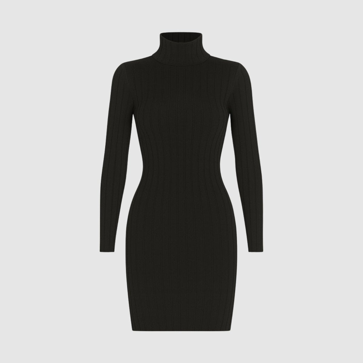 Kouvr Fashion black turtleneck bodycon dress, showing the seamless construction.