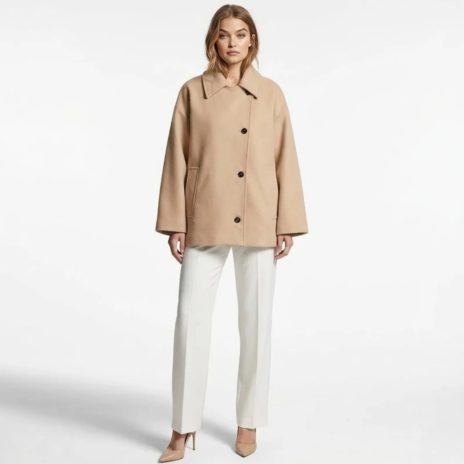 A woman models The Virginia oversized khaki wool car coat from Kouvr Fashion, paired with white tailored trousers and nude heels, showcasing its minimalist design.