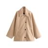 Product flatlay of the Kouvr Fashion Virginia oversized khaki wool coat against a white background, detailing the collar, asymmetrical button placement, and welt pockets.