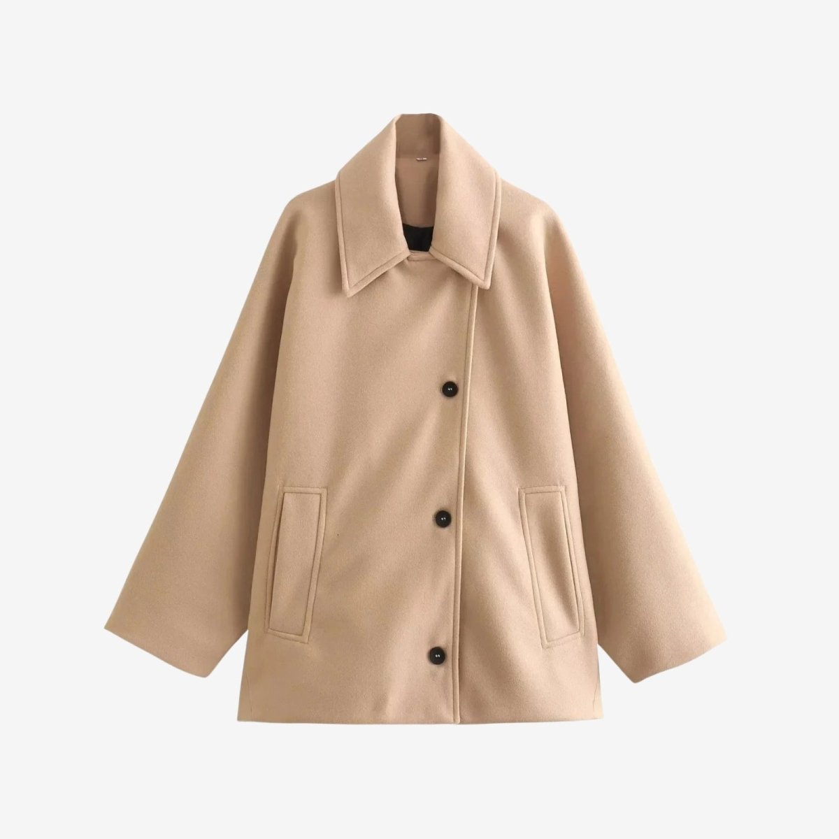 Product flatlay of the Kouvr Fashion Virginia oversized khaki wool coat against a white background, detailing the collar, asymmetrical button placement, and welt pockets.