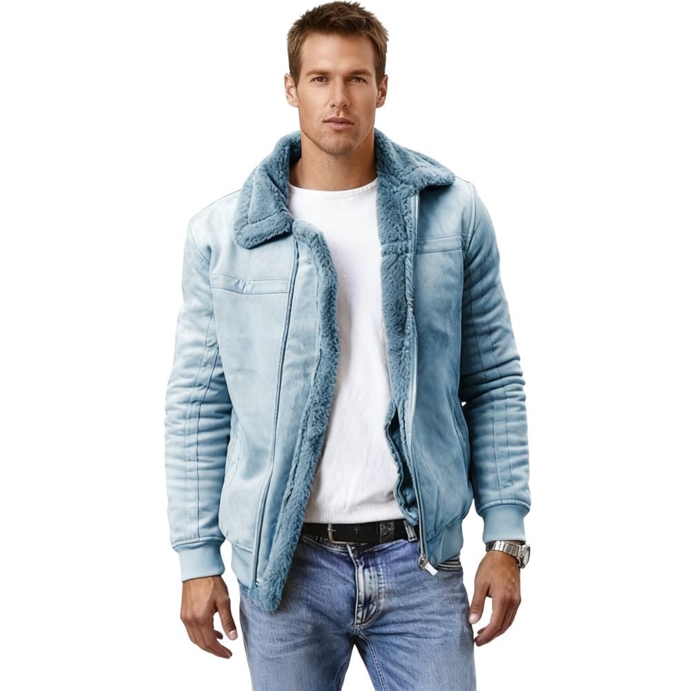 Man wearing a sky blue kouvr jacket with a white shirt and jeans on a white background