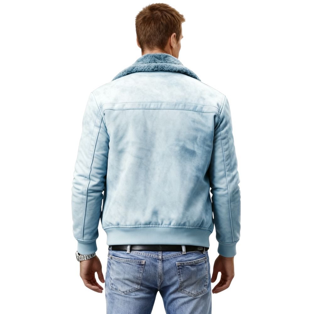 Man wearing a sky blue kouvr denim jacket on a white background