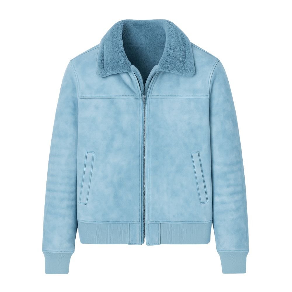 Sky blue kouvr jacket with a textured finish on a white background