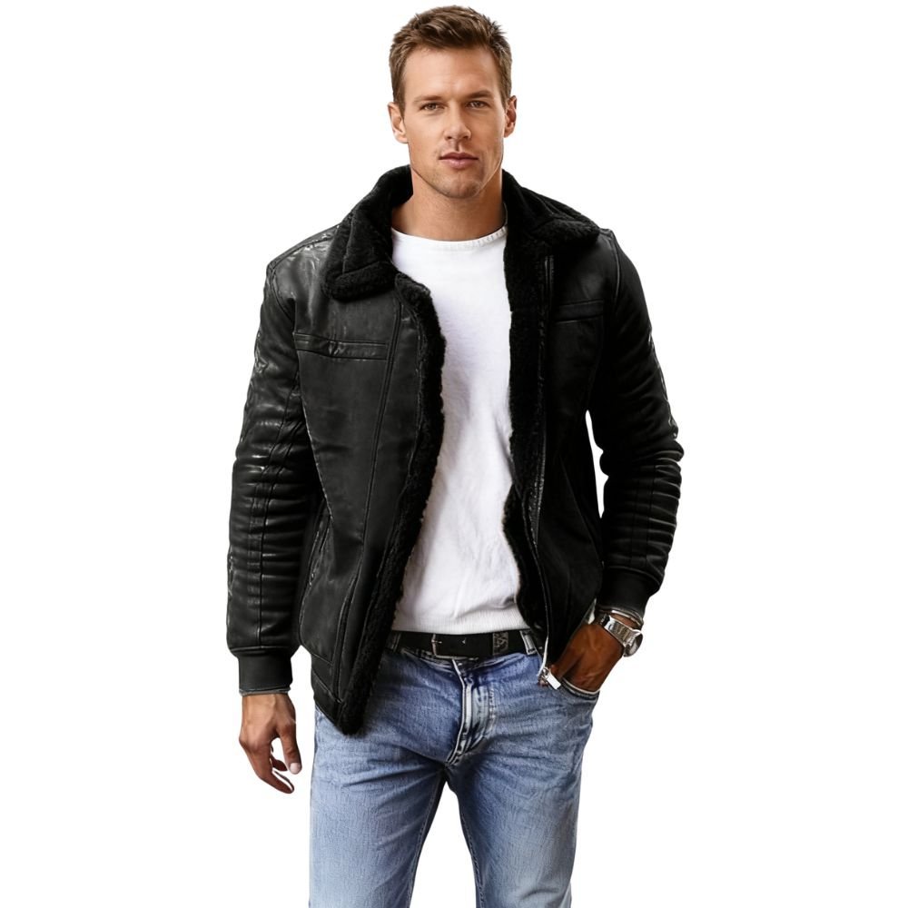 Man wearing a black kouvr  leather jacket, white shirt, and blue jeans on a white background