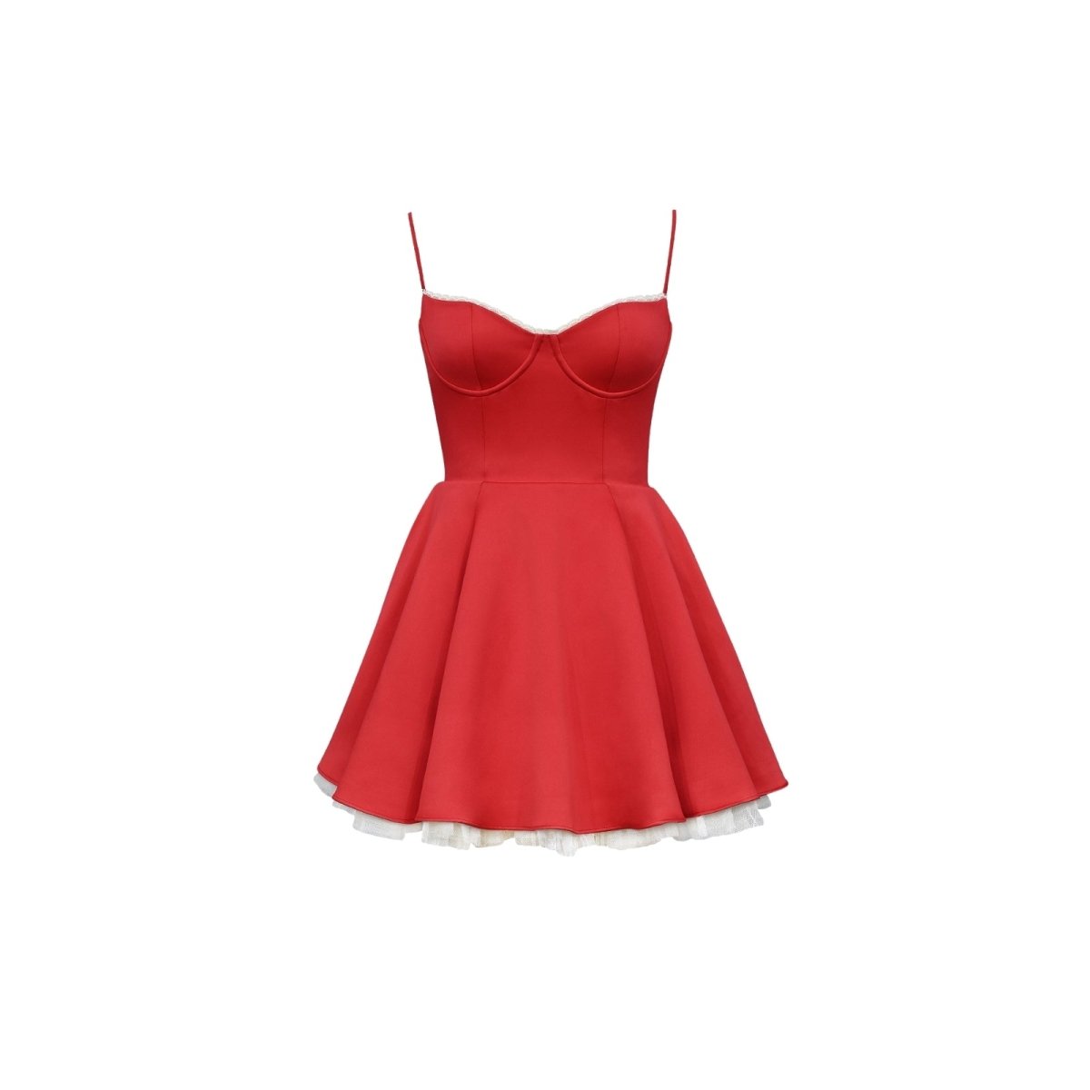 Red Kouvr dress with white lace hem on a white background