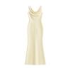 Product flat lay of the Kouvr Fashion Vickie Gown, showing the front cowl neckline and diagonal seam details of the sleeveless buttercream satin dress.
