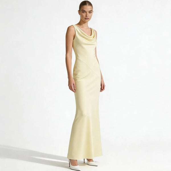 Vickie Cowl Neck Satin Gown | Buttercream Backless Maxi Dress for Evening  & Weddings | Draped Sleeveless Column Silhouette