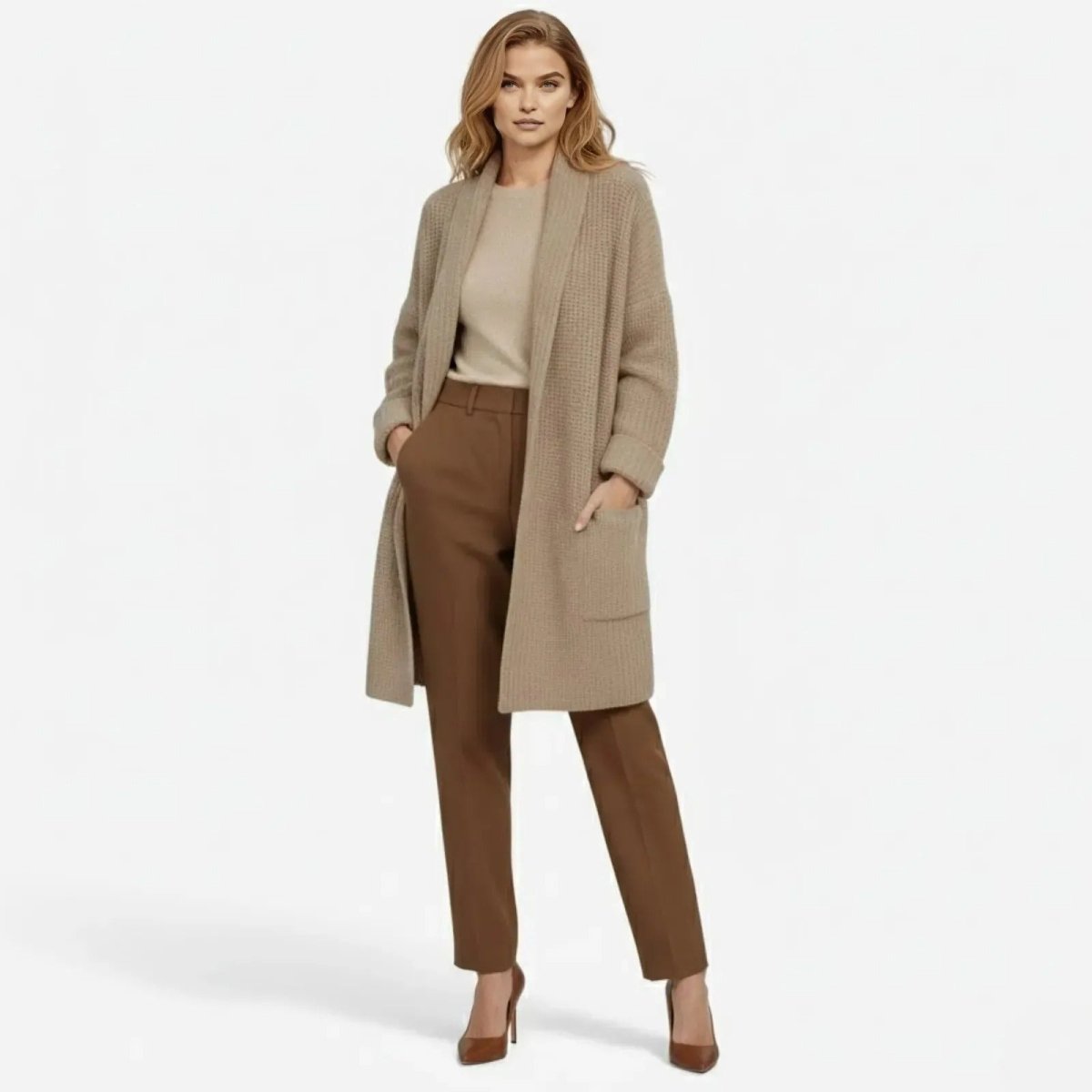 Model wearing the Kouvr Fashion taupe waffle-knit long cardigan with brown trousers and heels, front view.