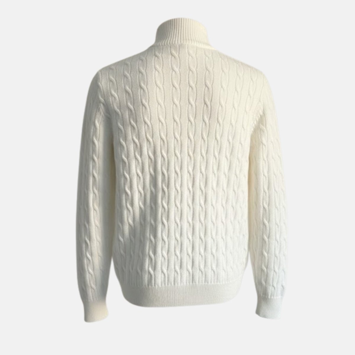 Back product-only shot of the white cable-knit half-zip sweater on a mannequin.