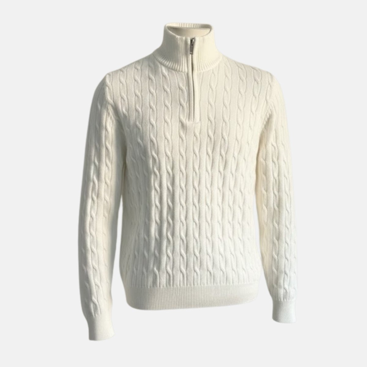 Front product-only shot of the white cable-knit half-zip sweater on a mannequin, showing detailed texture.