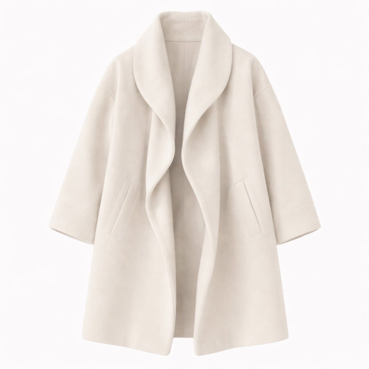 Product-only shot of the Kouvr Fashion white shawl collar coat, showing its open front and side pockets.