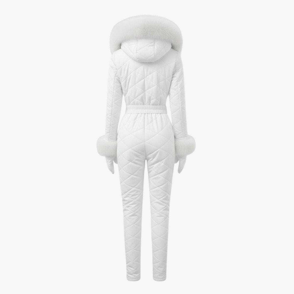 Product-only back view of a white quilted one-piece ski suit showing the hooded design and diamond-stitch pattern.