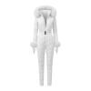 Product-only front view of a white quilted one-piece ski suit with a faux fur hood, cuffs, gloves, and a gold-clasp belt.