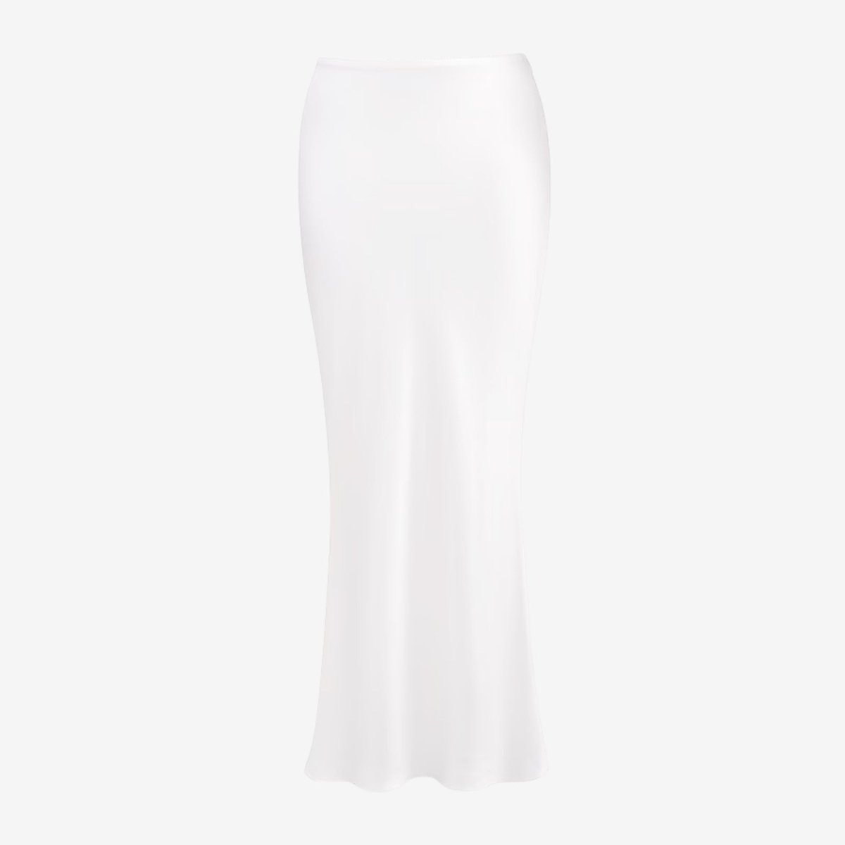 Angled product view of the Kouvr Fashion long white satin slip skirt, highlighting the fabric's luminous texture and quality.