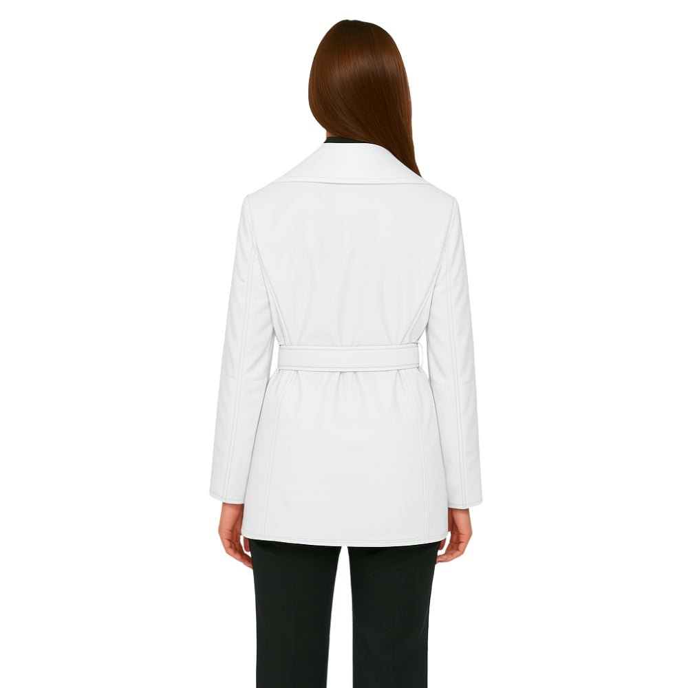 Woman wearing the Kouvr Fashion Sheila Wrap Coat in white, tied at the waist, shown from the back