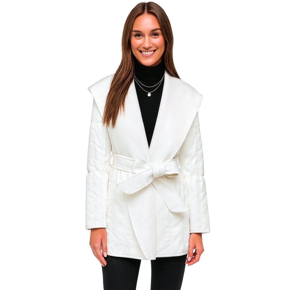 Woman wearing the Kouvr Fashion Sheila Wrap Coat in white, tied at the waist, shown from the front