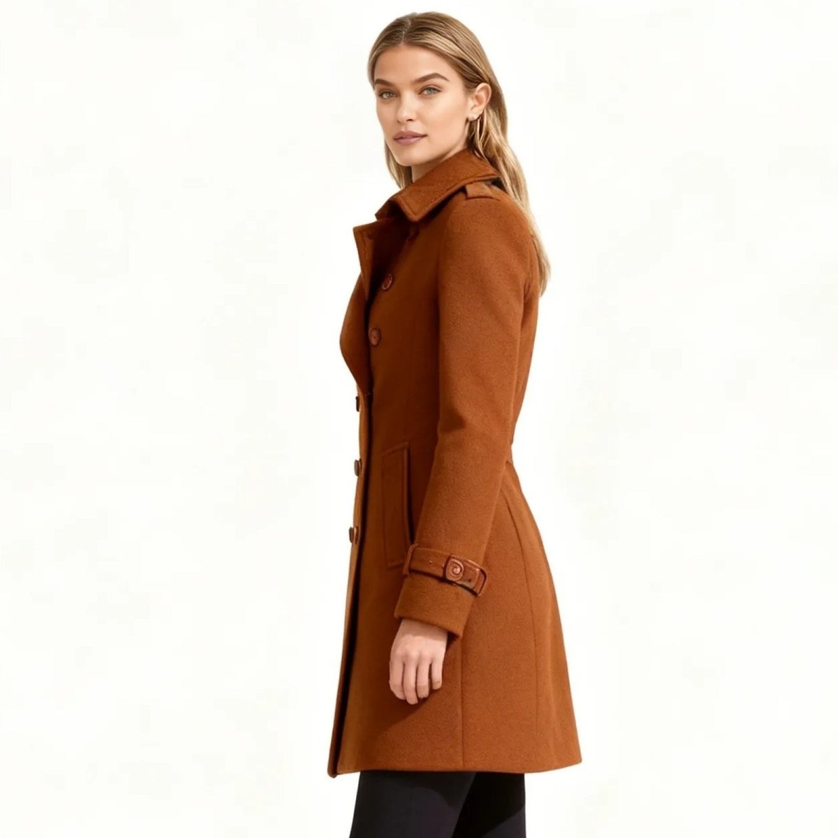 Woman wearing a Camel Kouvr coat on a white background