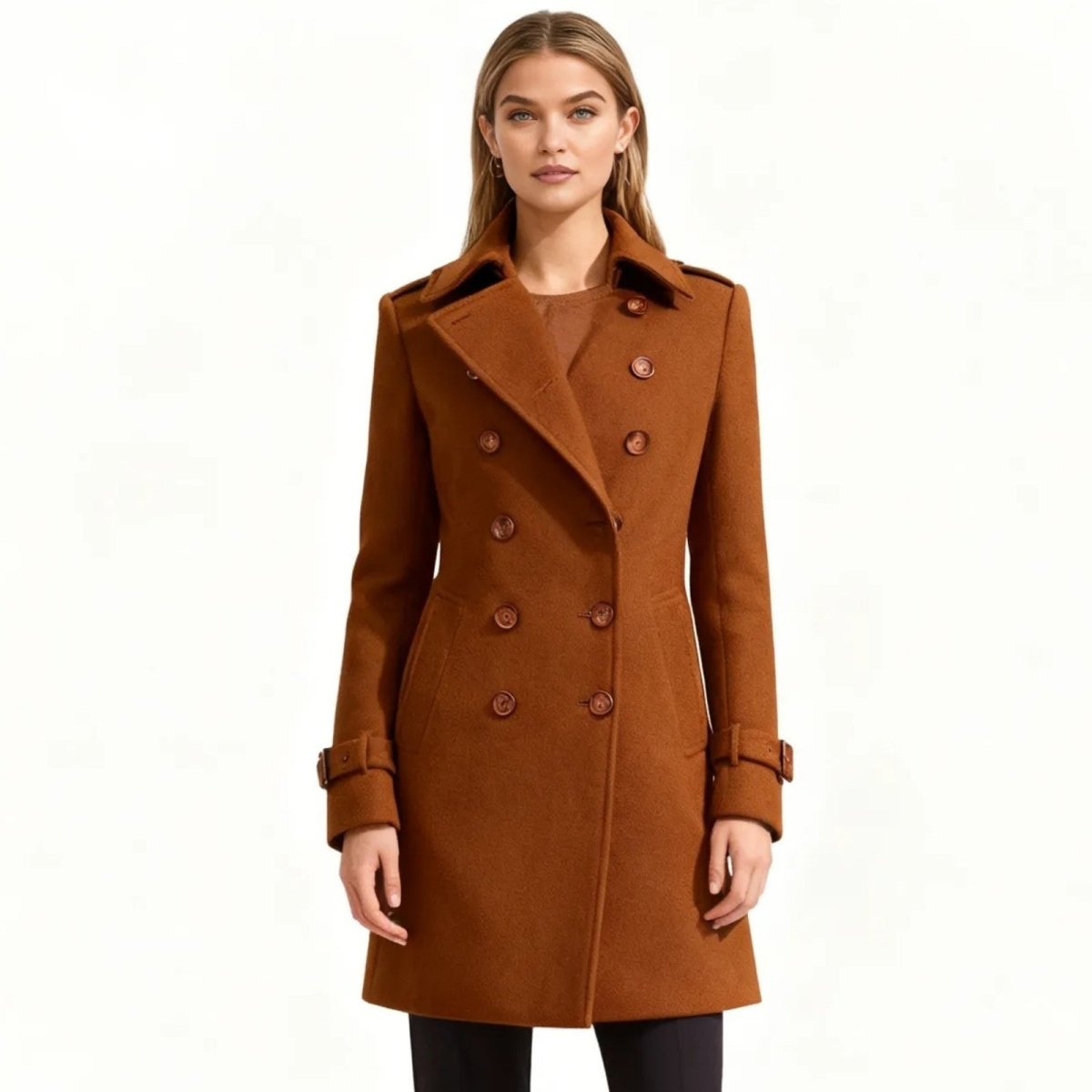 Camel Kouvr coat worn by a model on a white background