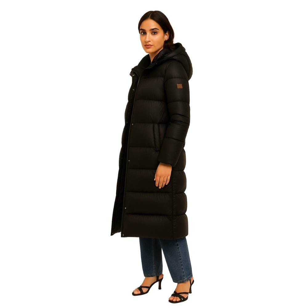 quilted outerwear," "thermal insulation," "cold weather essential," "winter parka," and "elegant down coat