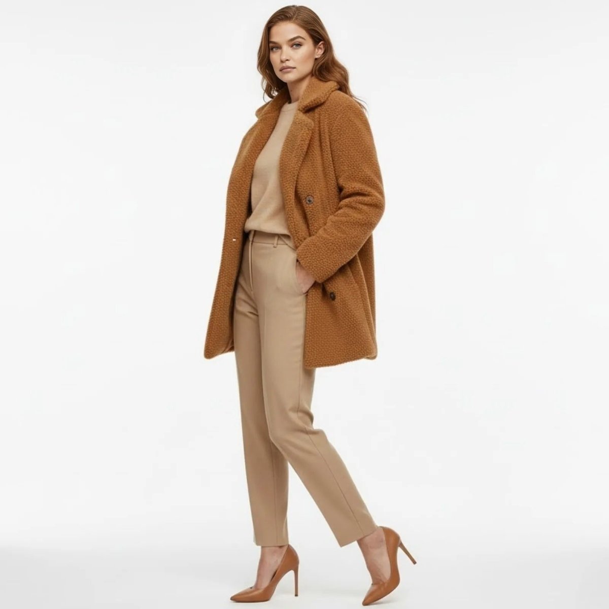 Model in a three-quarter pose wearing the Kouvr Fashion oversized teddy coat in a warm camel, styled for a professional, elegant look.
