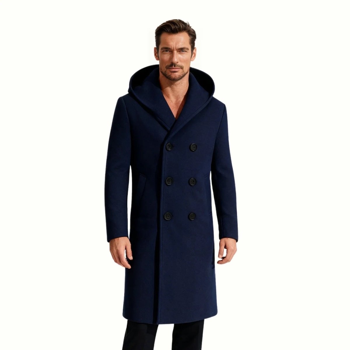 Male model wearing the Kouvr Fashion navy blue double-breasted hooded wool overcoat, front view, on a white background.
