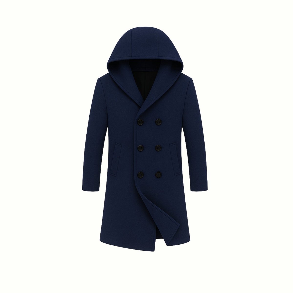 Product-only shot of the Kouvr Fashion navy blue double-breasted hooded wool overcoat on a white background.