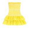 Model wearing Kouvr Fashion strapless yellow eyelet mini dress with tiered ruffle skirt