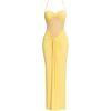 Model wearing the Kouvr Fashion yellow halter neck maxi gown with sheer midriff panel and draped skirt