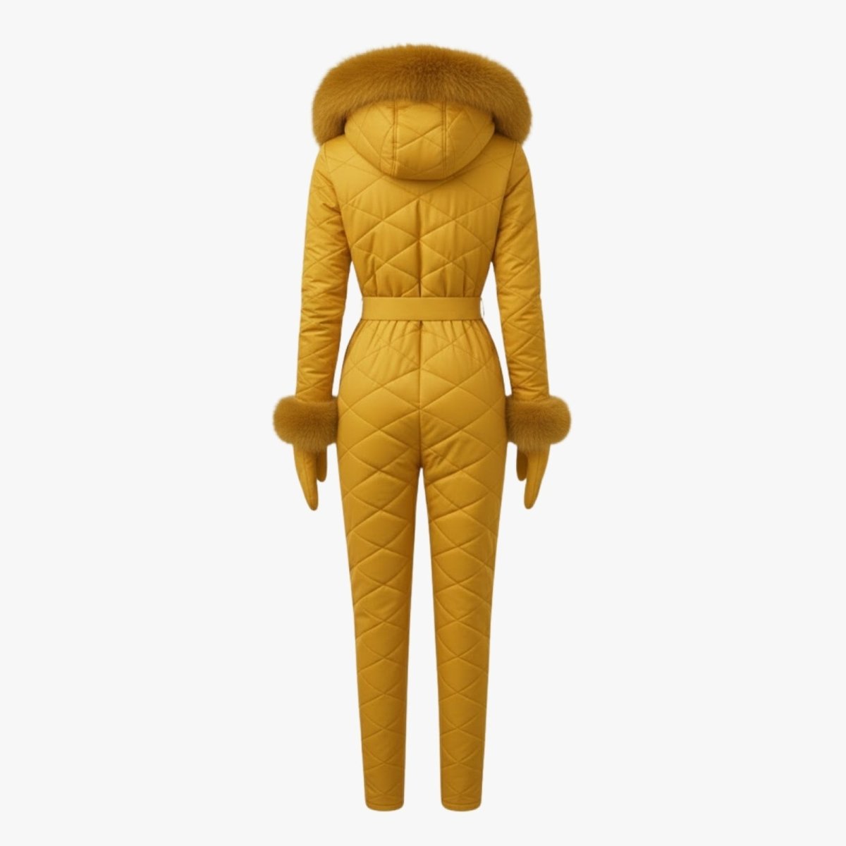 Back view of the Kouvr Fashion quilted ski jumpsuit and matching gloves in yellow laid flat against a white background.