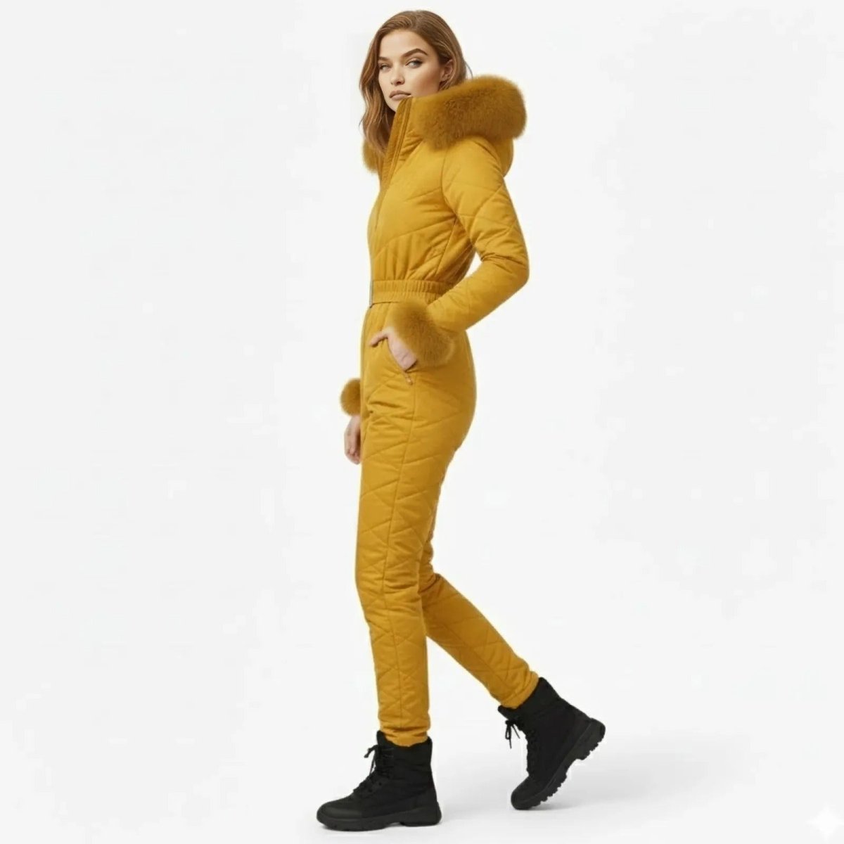 Side profile of a model wearing the Kouvr Fashion slim fit belted ski jumpsuit in mustard yellow, showing the silhouette and pocket detail.
