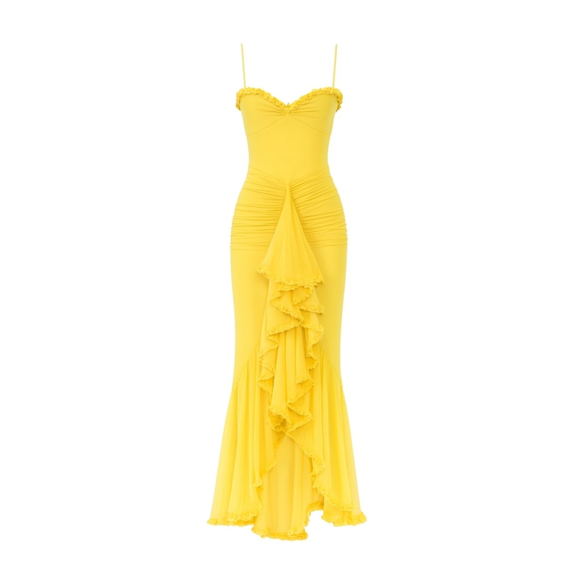 Yellow kouvr evening gown with ruffled details on a white background