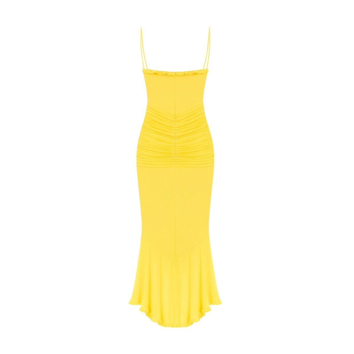 Yellow kouvr dress with thin straps on a white background