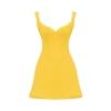 Product flat lay of a yellow corset mini dress with scalloped frill details on the straps and bust.