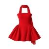 Front product shot of a red strapless mini dress with a flared A-line skirt and an attached choker-style scarf on a white background.