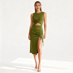 Twist Front Cutout Midi Dress with Ruched Side Slit | Sleeveless Bodycon Cocktail Dress for Women | Premium Jersey Knit | Black, Olive, Grey | Kouvr Fashion Twist Front Cutout Midi Dress with Ruched Side Slit | Sleeveless Bodycon Cocktail Dress for Women | Premium Jersey Knit | Black, Olive, Grey | Kouvr Fashion