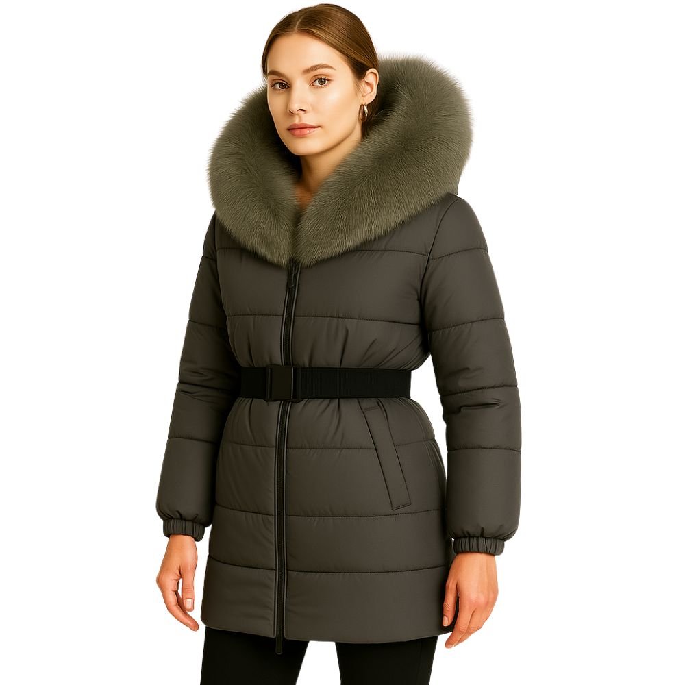 Kouvr Fashion Zoey women's long black puffer coat with oversized silver fox fur hood and belt