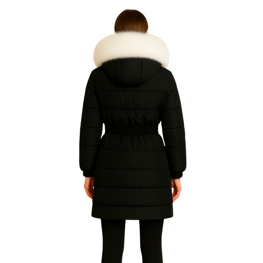 Model wearing Kouvr Fashion belted down puffer coat with oversized white fox fur hood